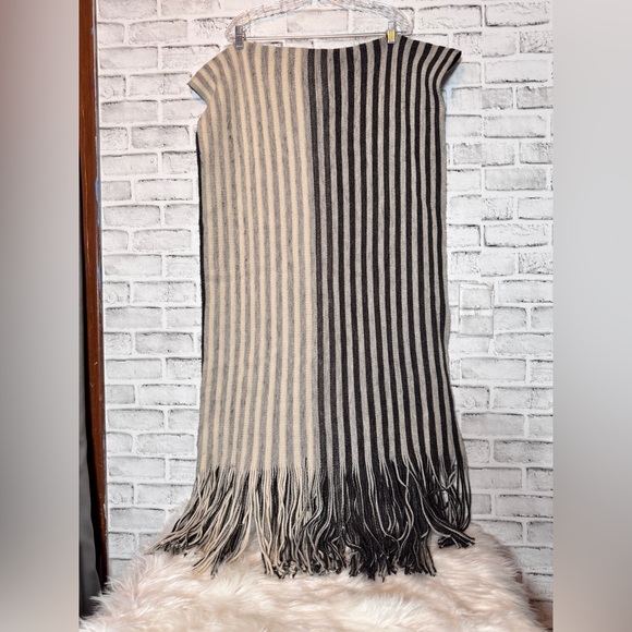 Anthropologie Accessories - Anthropologie Black gray and Cream Striped oversized winter scarf with fringe